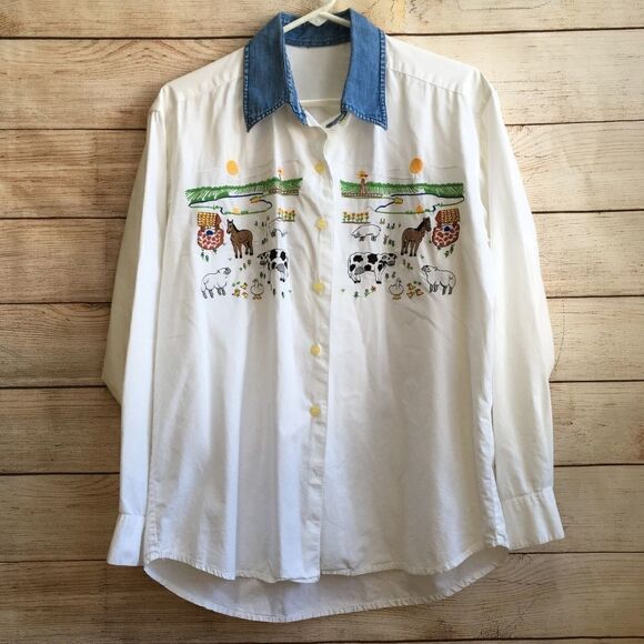 VINTAGE FARM THEME EMBROIDERED SHIRT WITH DENIM COLLAR - Picture 1 of 5